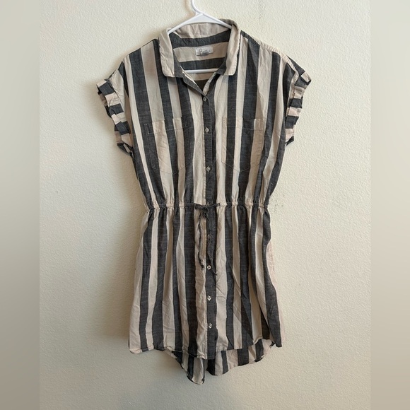 Japanese large 100% cotton cream and gray striped button front dress - Picture 1 of 8